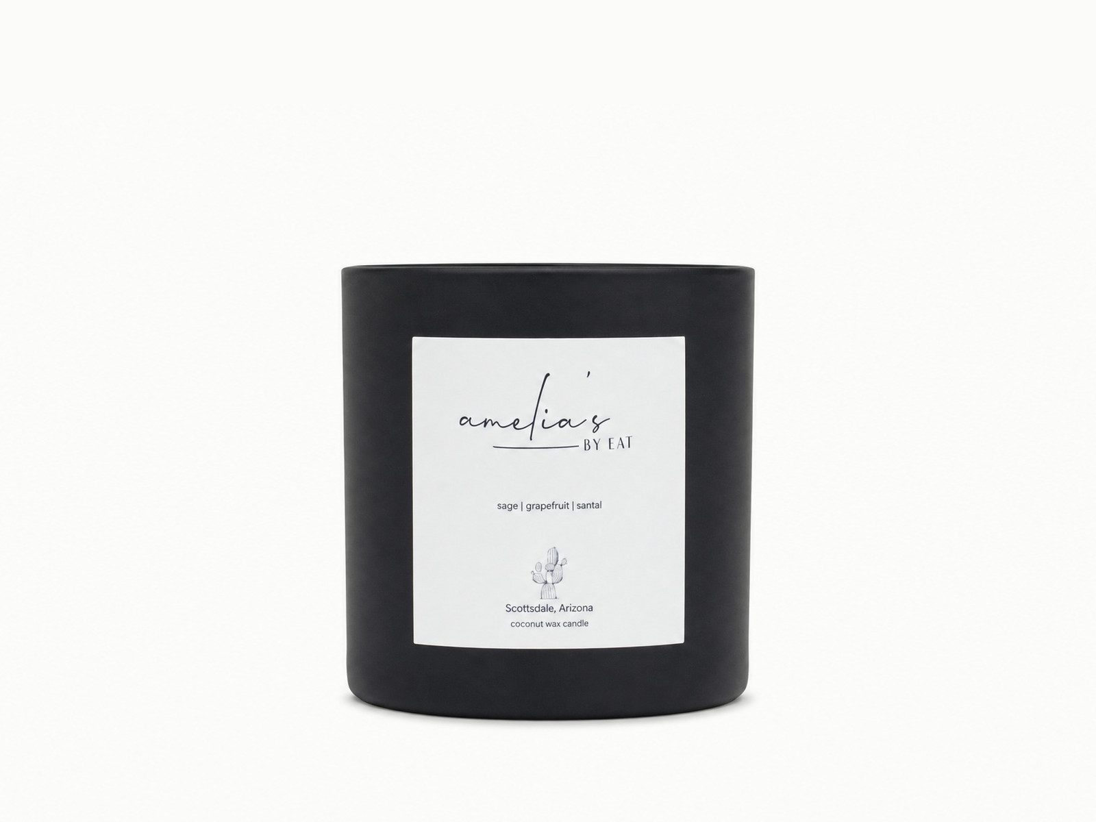 Two Amelia's by EAT black candles, small and large, labelled sage, grapefruit and santal
