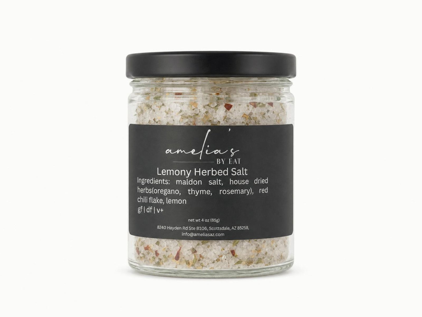 Jar of Amelia's by EAT lemony herbed salt with dried herbs and chili flakes