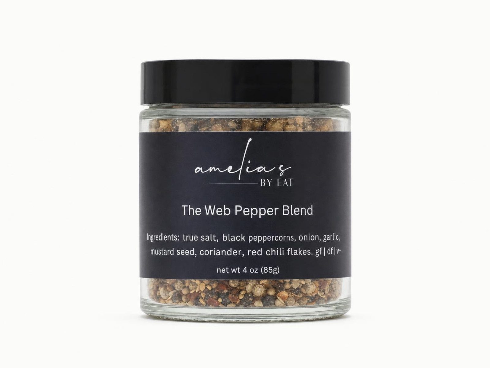 Jar of Amelia's by EAT The Web pepper blend with peppercorns and mustard seed