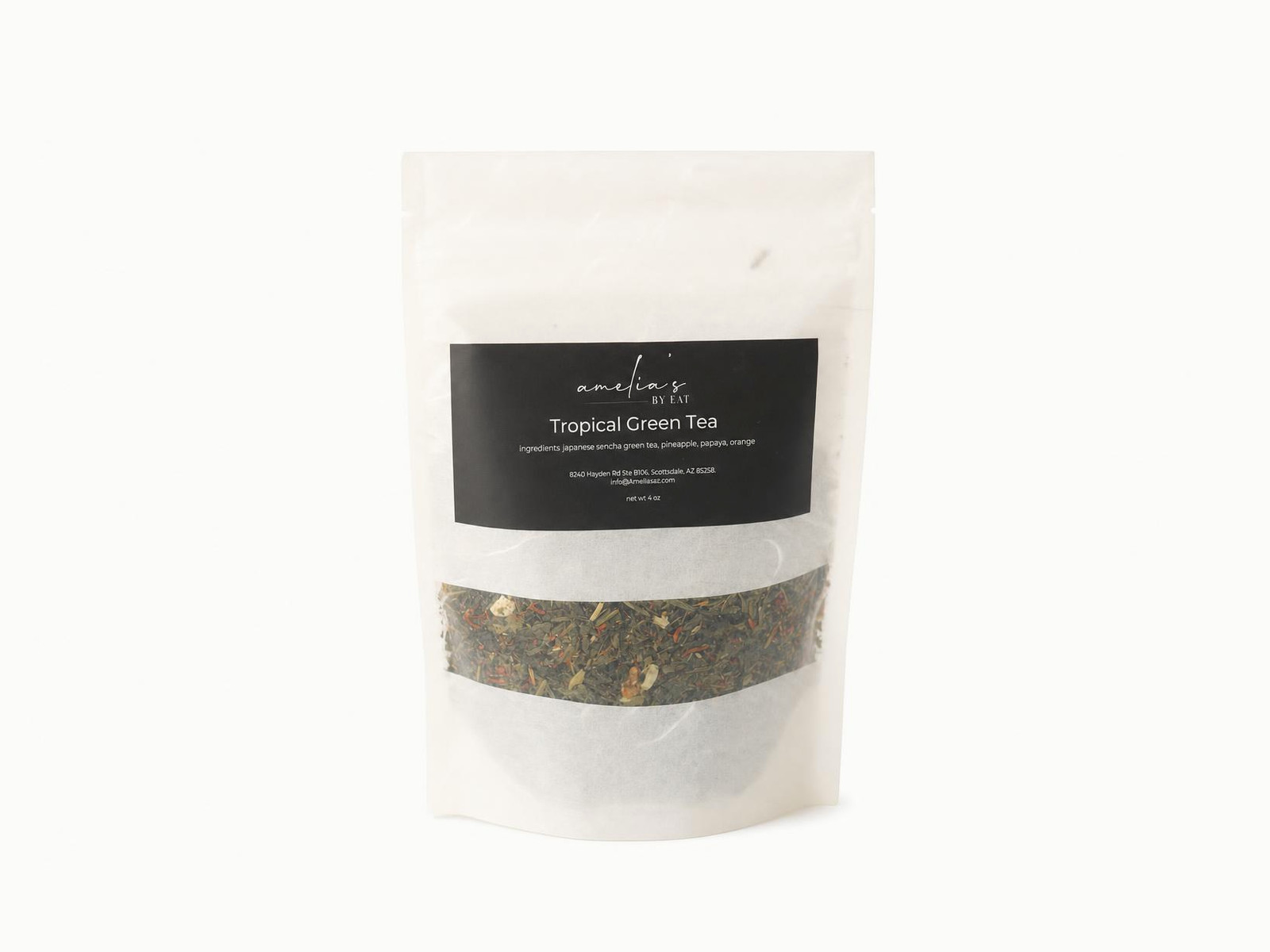 Tropical Green Loose Leaf Tea — Amelia's custom blend. Make a cup to enjoy at home, great brewed iced or hot.