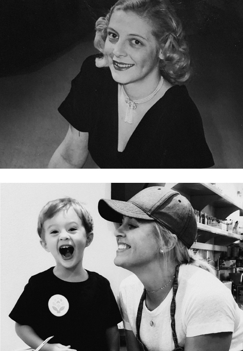 Two black-and-white photographs: Stacey's grandmother Amelia in the 1930s, and Stacey laughing with her young son in the kitchen