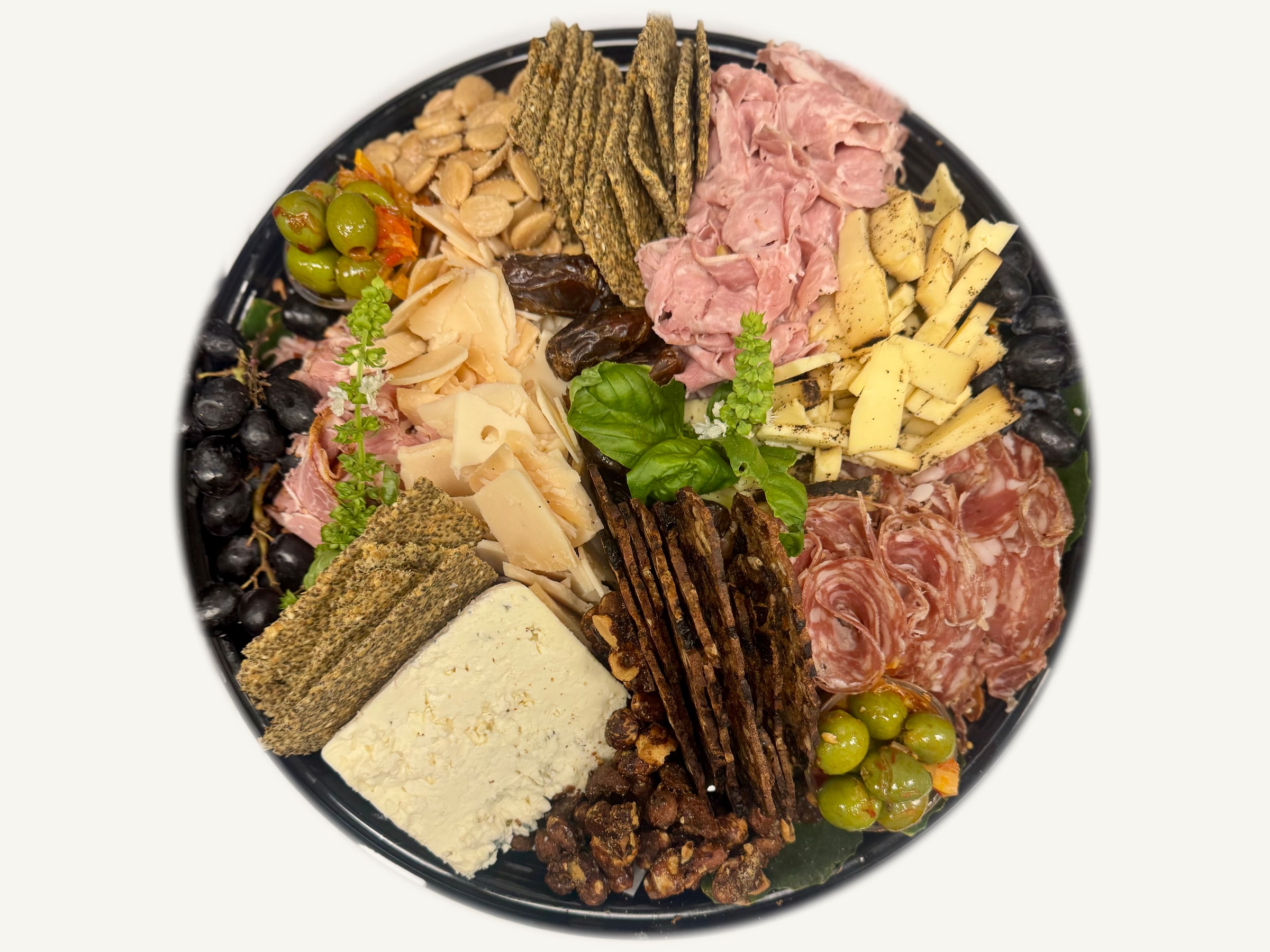 Cheese + Charcuterie Board — hard + soft cheeses, charcuterie, fruit, nuts, spicy castelvetrano olives, gf house made seeded
