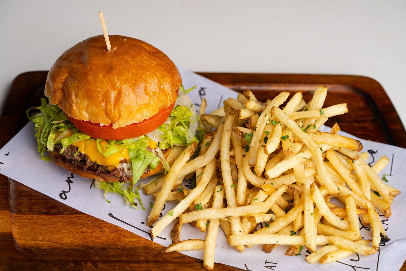 Amelia's Better Burger + Beef Tallow Skinny Fries — Double-stacked AZ grass-fed beef + bacon patties, American + Swiss
